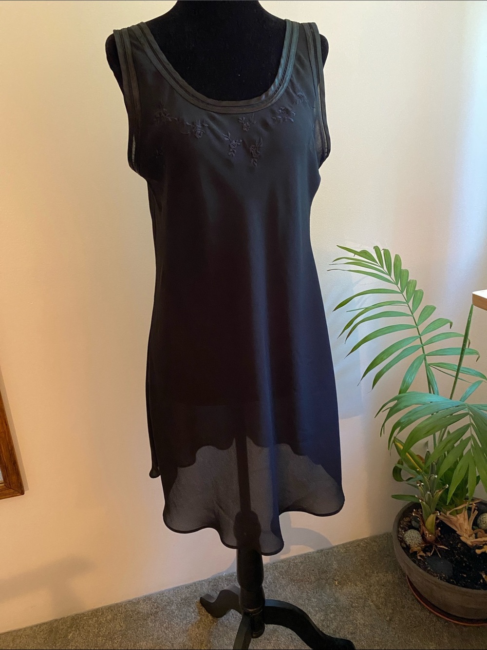 90s Semi Sheer Classic Black Sleeveless Embroidered front Ribbon-Trim Mini Dress